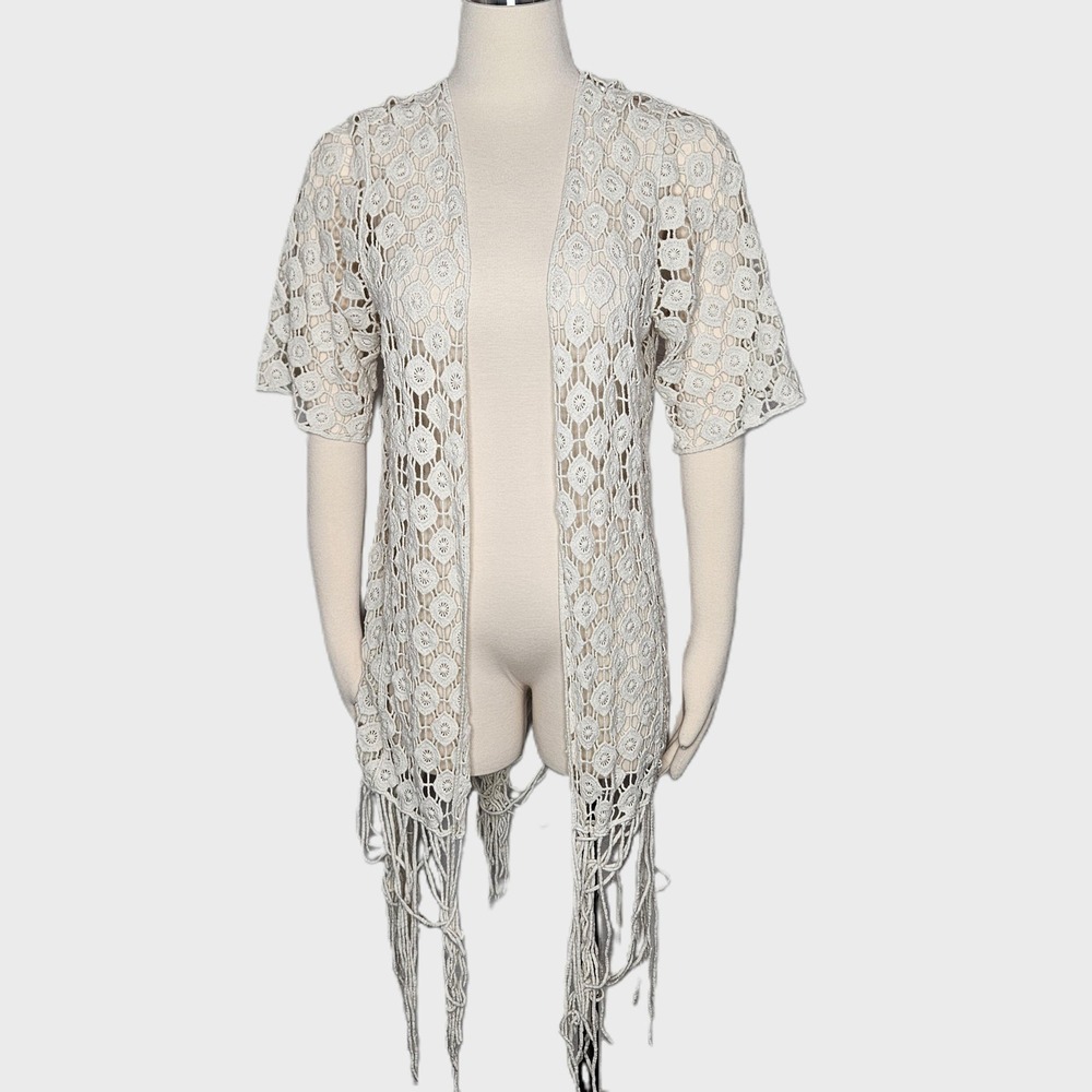 Rebellion Again Cream Crochet Fringe Cardigan Open Front Lace Boho Coverup